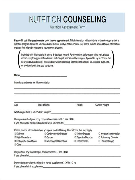 Printable Nutrition Consultation Form Template